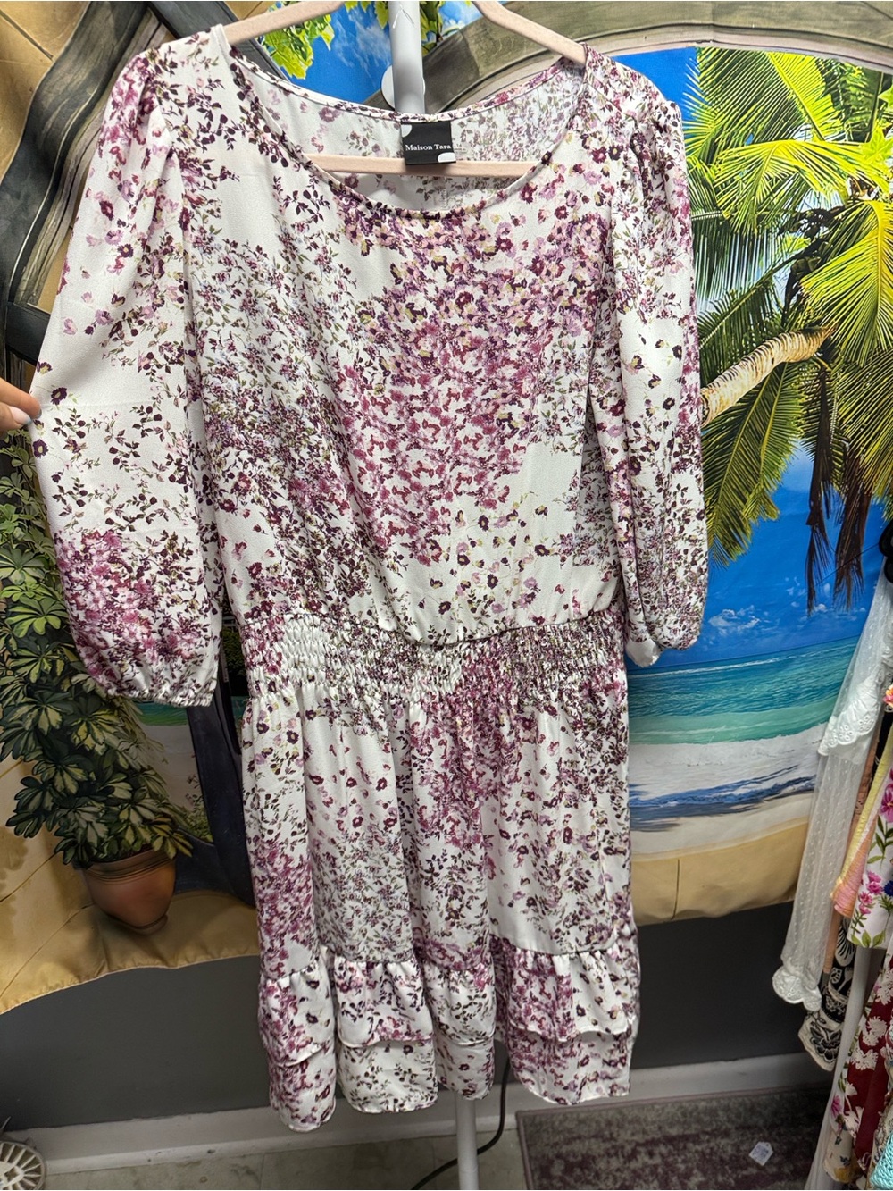 Maison Tara Floral Purple Midi Dress with Smocked Waist - Picture 2 of 4